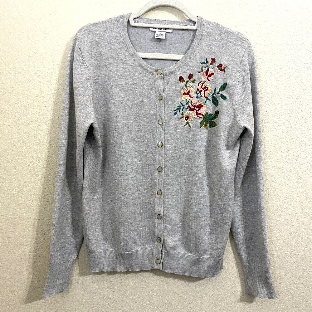 Estrna Jane Womens Cardigan Size L Floral Embroidered Gray